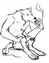 A Crinos werewolf seated and smoking a human-sized cigarette.